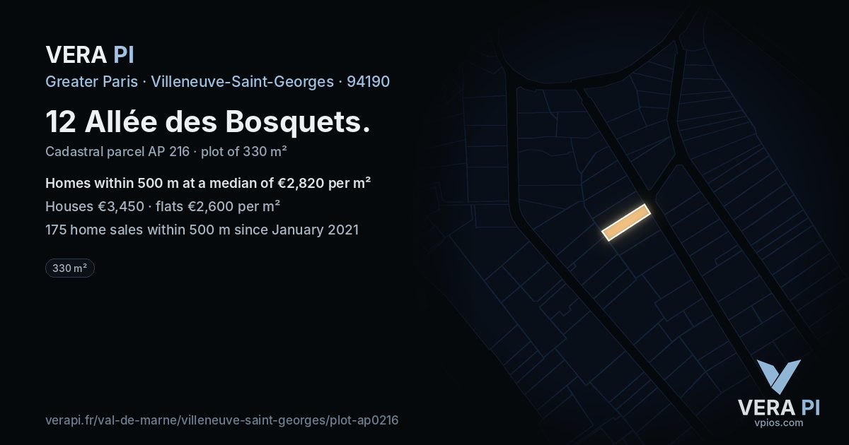 12 Allée des Bosquets, Villeneuve-Saint-Georges at night – the plot lit, the parcels around coloured by the prices near them