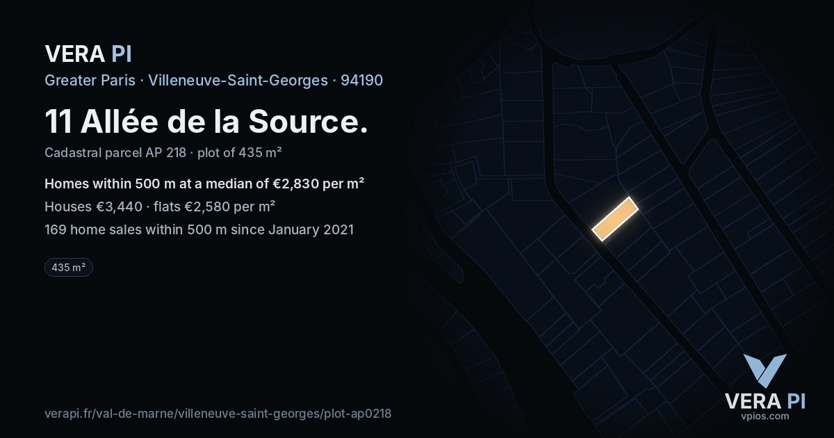 11 Allée de la Source, Villeneuve-Saint-Georges at night – the plot lit, the parcels around coloured by the prices near them