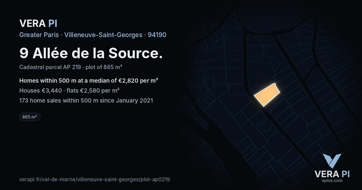 9 Allée de la Source, Villeneuve-Saint-Georges at night – the plot lit, the parcels around coloured by the prices near them