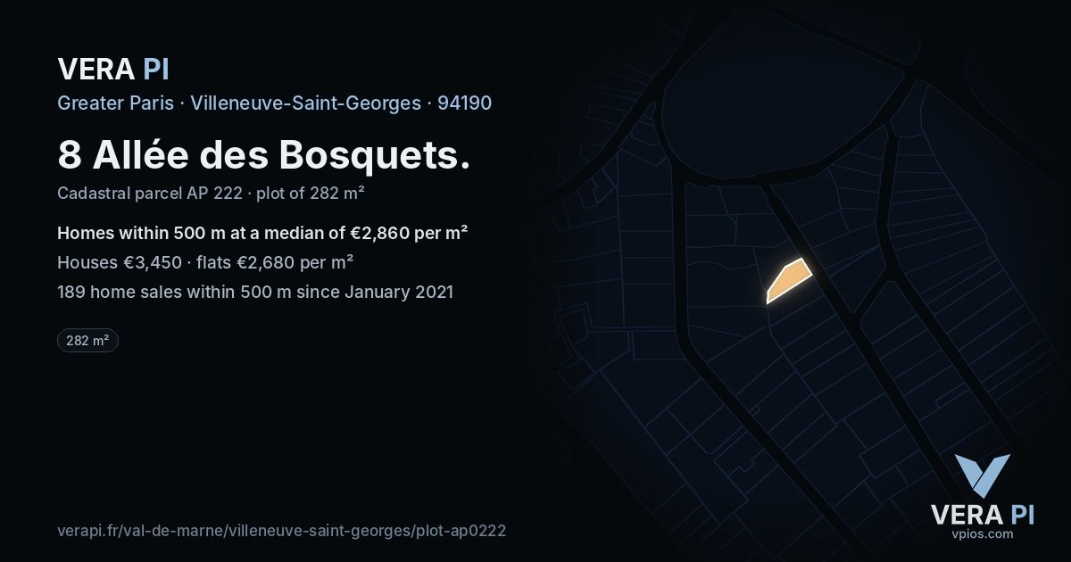 8 Allée des Bosquets, Villeneuve-Saint-Georges at night – the plot lit, the parcels around coloured by the prices near them