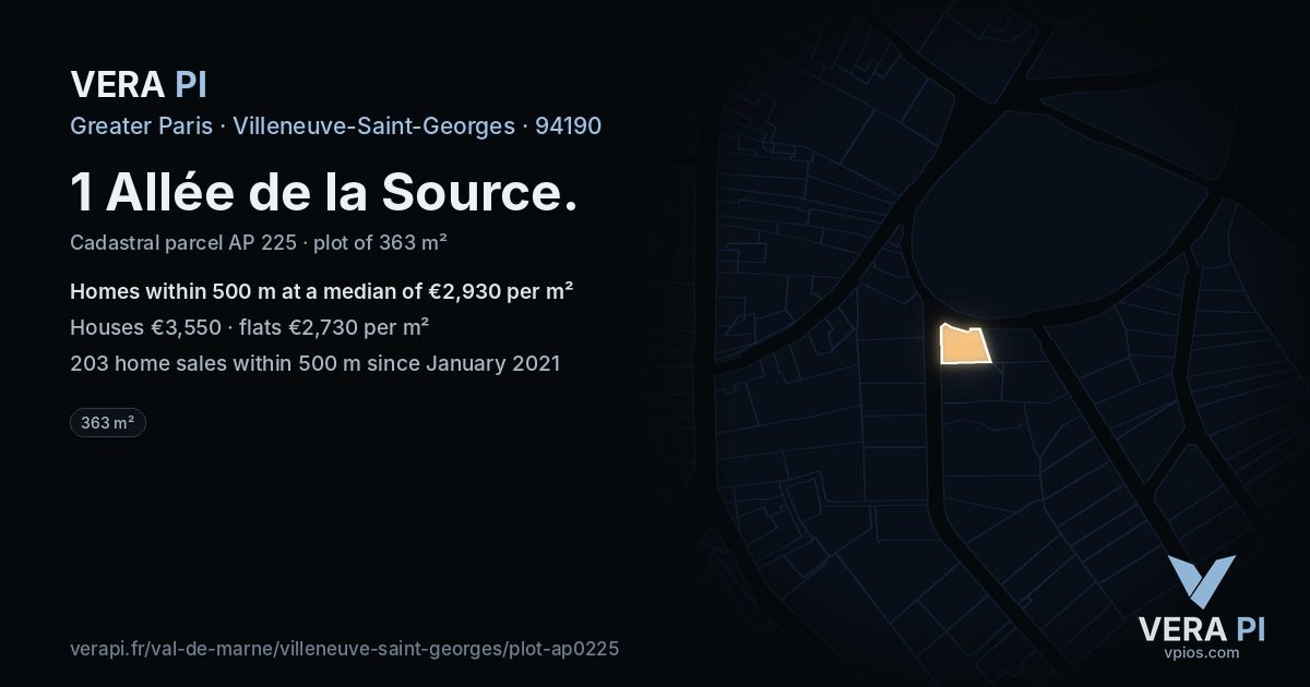1 Allée de la Source, Villeneuve-Saint-Georges at night – the plot lit, the parcels around coloured by the prices near them
