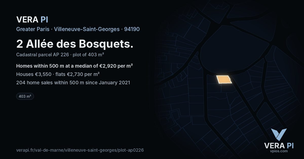2 Allée des Bosquets, Villeneuve-Saint-Georges at night – the plot lit, the parcels around coloured by the prices near them