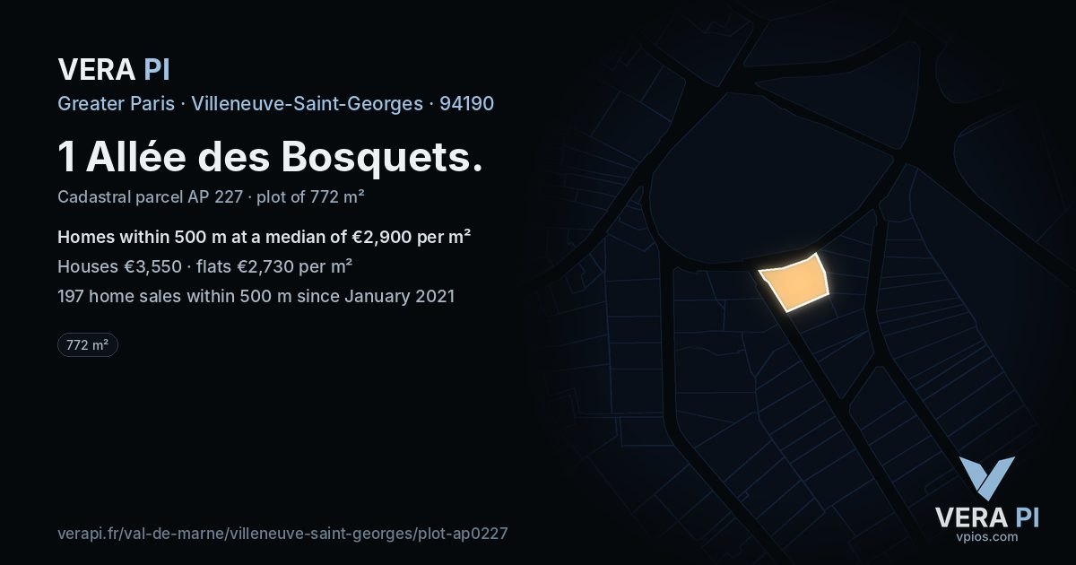 1 Allée des Bosquets, Villeneuve-Saint-Georges at night – the plot lit, the parcels around coloured by the prices near them