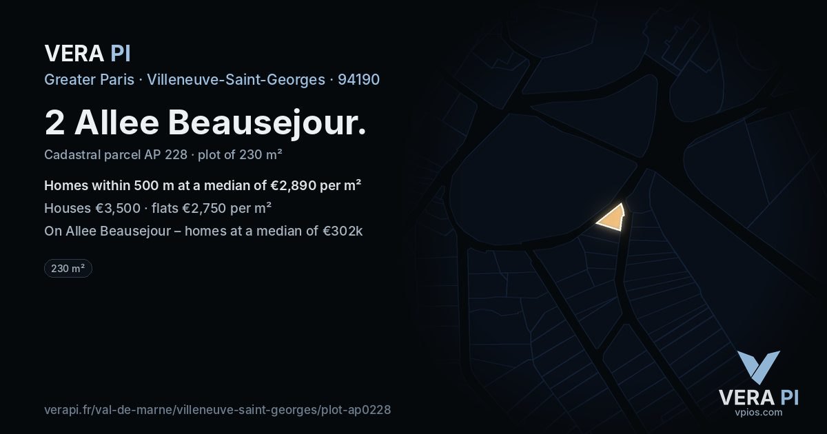 2 Allee Beausejour, Villeneuve-Saint-Georges at night – the plot lit, the parcels around coloured by the prices near them