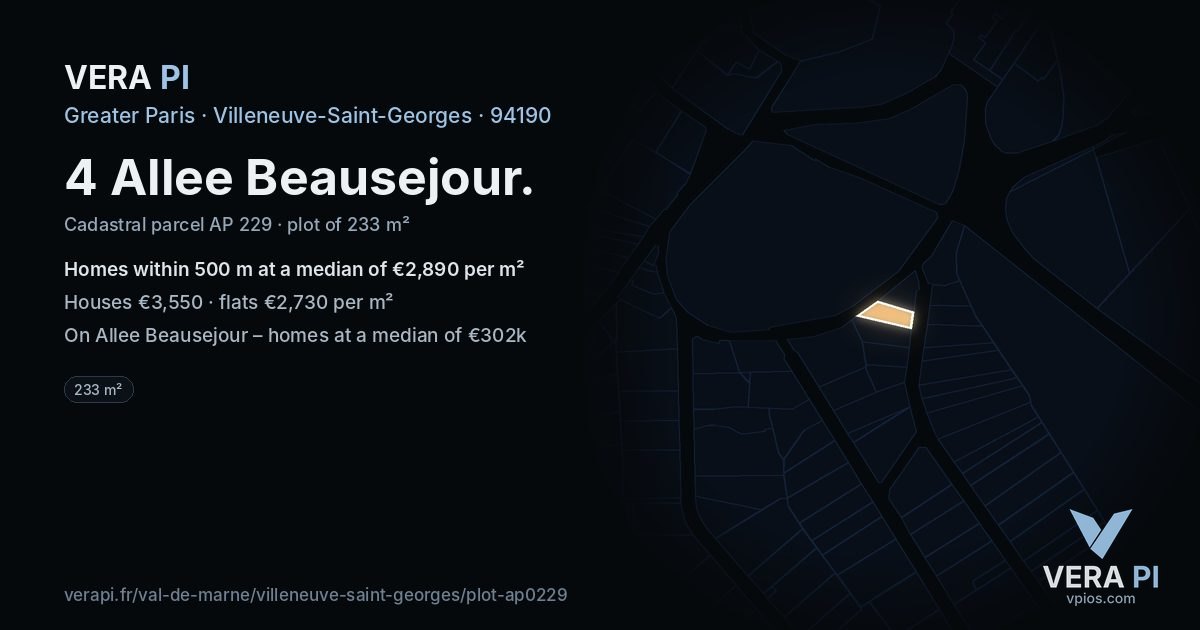 4 Allee Beausejour, Villeneuve-Saint-Georges at night – the plot lit, the parcels around coloured by the prices near them