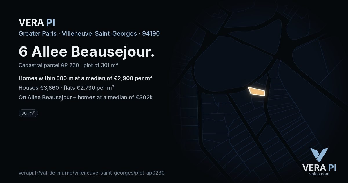6 Allee Beausejour, Villeneuve-Saint-Georges at night – the plot lit, the parcels around coloured by the prices near them