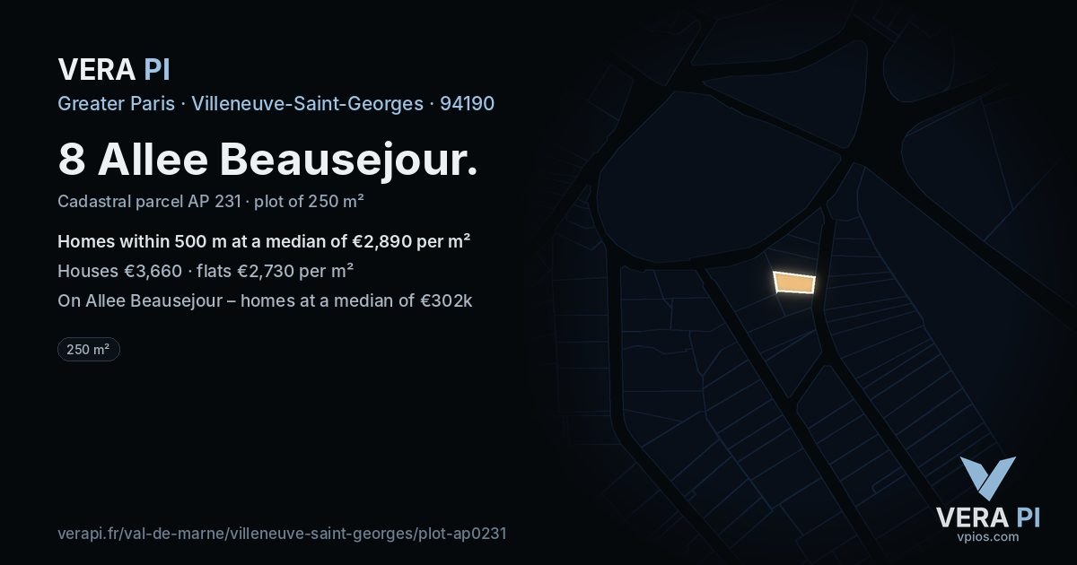 8 Allee Beausejour, Villeneuve-Saint-Georges at night – the plot lit, the parcels around coloured by the prices near them