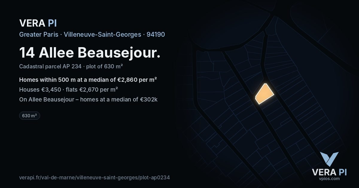 14 Allee Beausejour, Villeneuve-Saint-Georges at night – the plot lit, the parcels around coloured by the prices near them