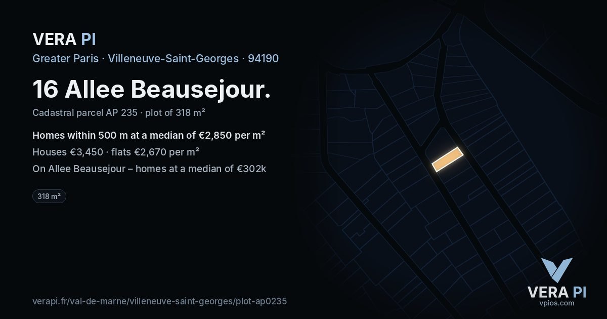16 Allee Beausejour, Villeneuve-Saint-Georges at night – the plot lit, the parcels around coloured by the prices near them