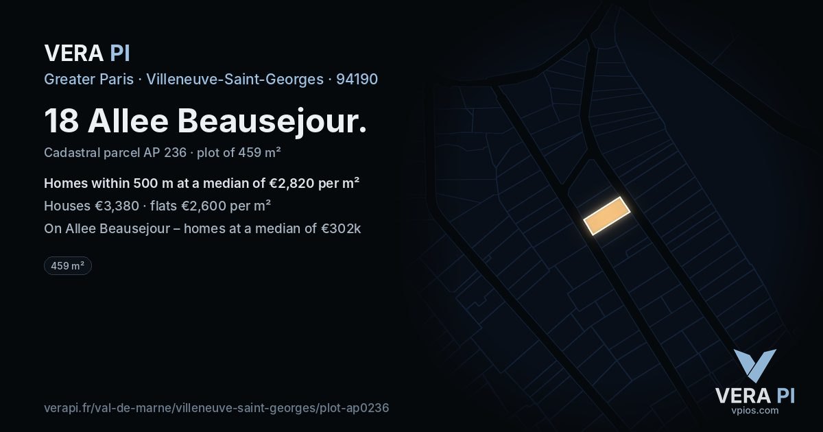 18 Allee Beausejour, Villeneuve-Saint-Georges at night – the plot lit, the parcels around coloured by the prices near them