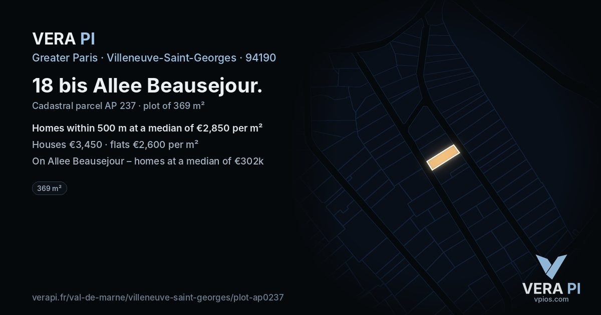18 bis Allee Beausejour, Villeneuve-Saint-Georges at night – the plot lit, the parcels around coloured by the prices near them
