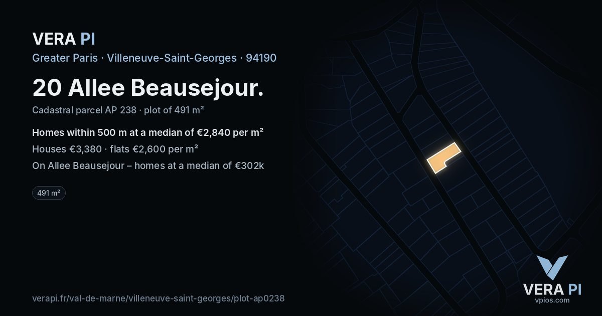 20 Allee Beausejour, Villeneuve-Saint-Georges at night – the plot lit, the parcels around coloured by the prices near them