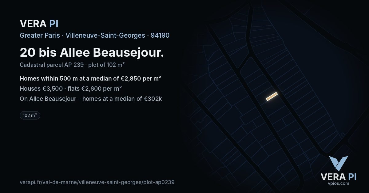 20 bis Allee Beausejour, Villeneuve-Saint-Georges at night – the plot lit, the parcels around coloured by the prices near them