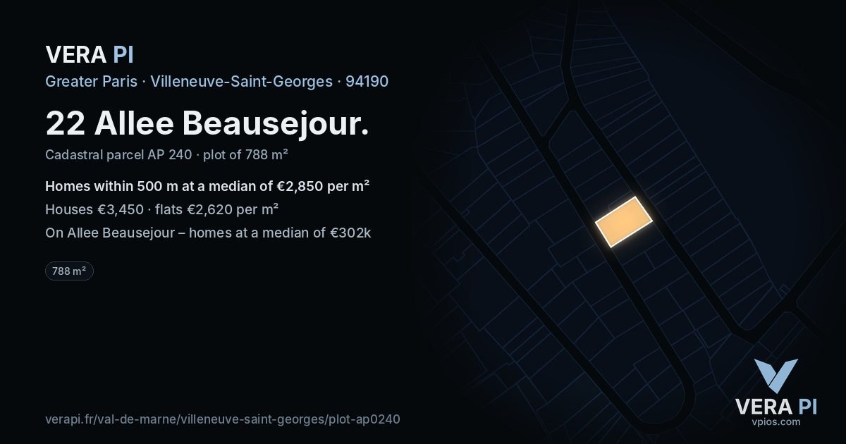 22 Allee Beausejour, Villeneuve-Saint-Georges at night – the plot lit, the parcels around coloured by the prices near them