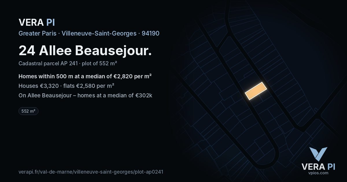 24 Allee Beausejour, Villeneuve-Saint-Georges at night – the plot lit, the parcels around coloured by the prices near them