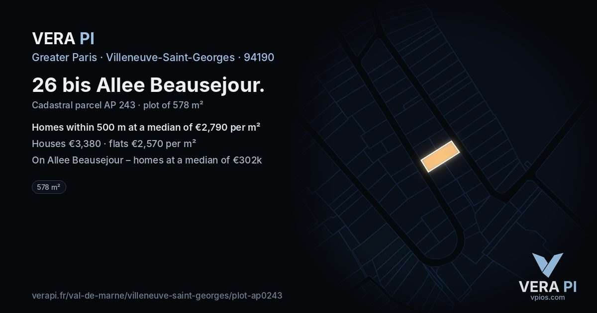 26 bis Allee Beausejour, Villeneuve-Saint-Georges at night – the plot lit, the parcels around coloured by the prices near them
