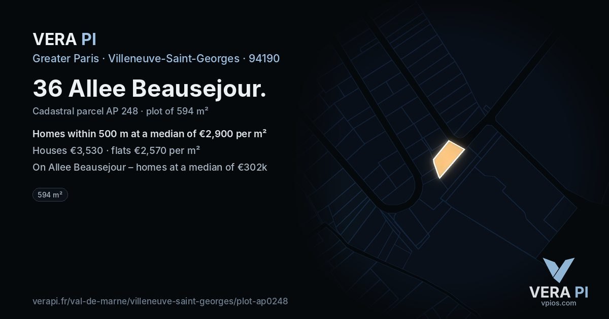 36 Allee Beausejour, Villeneuve-Saint-Georges at night – the plot lit, the parcels around coloured by the prices near them