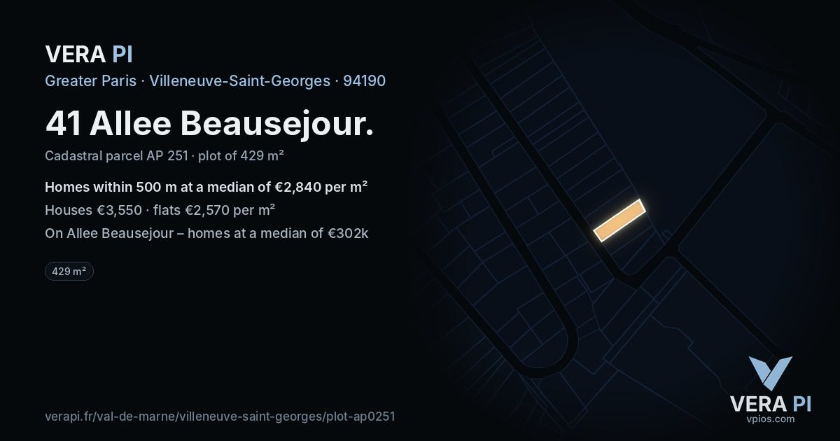 41 Allee Beausejour, Villeneuve-Saint-Georges at night – the plot lit, the parcels around coloured by the prices near them