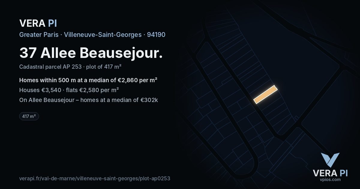 37 Allee Beausejour, Villeneuve-Saint-Georges at night – the plot lit, the parcels around coloured by the prices near them