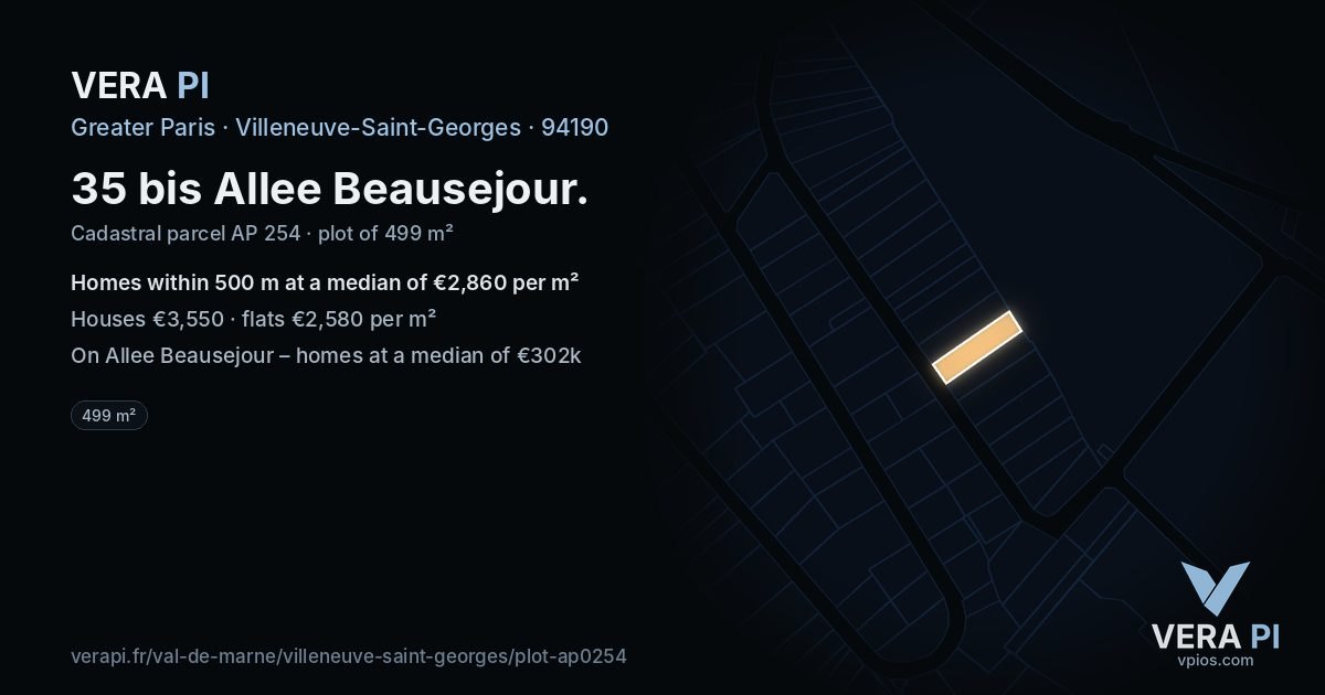35 bis Allee Beausejour, Villeneuve-Saint-Georges at night – the plot lit, the parcels around coloured by the prices near them