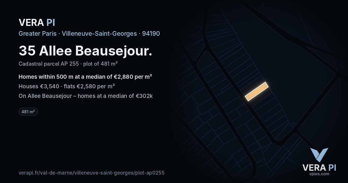35 Allee Beausejour, Villeneuve-Saint-Georges at night – the plot lit, the parcels around coloured by the prices near them