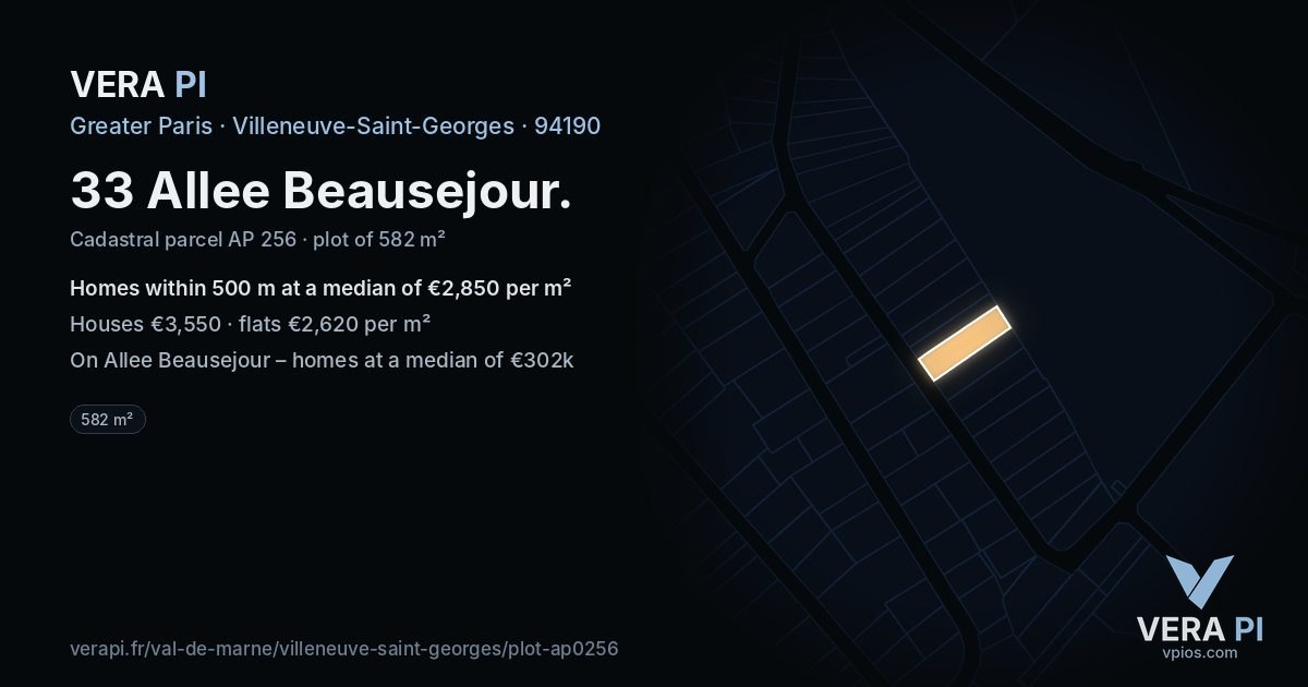 33 Allee Beausejour, Villeneuve-Saint-Georges at night – the plot lit, the parcels around coloured by the prices near them