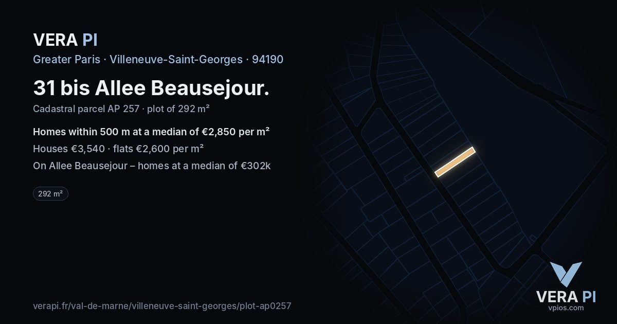 31 bis Allee Beausejour, Villeneuve-Saint-Georges at night – the plot lit, the parcels around coloured by the prices near them