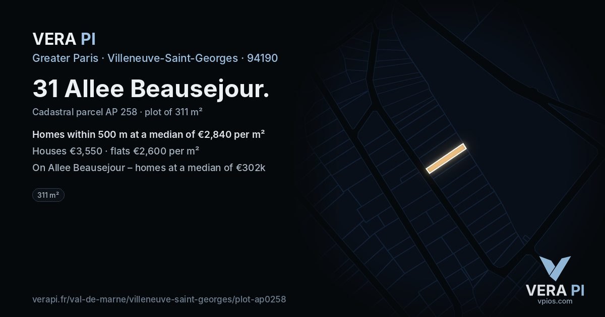 31 Allee Beausejour, Villeneuve-Saint-Georges at night – the plot lit, the parcels around coloured by the prices near them