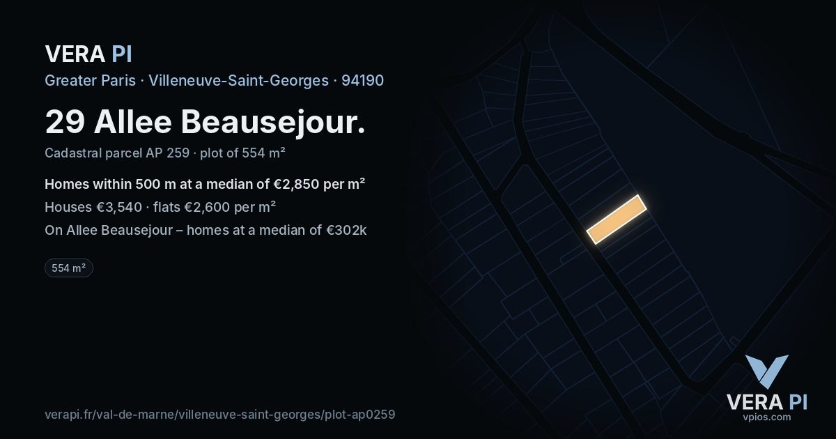 29 Allee Beausejour, Villeneuve-Saint-Georges at night – the plot lit, the parcels around coloured by the prices near them