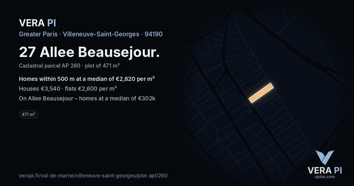 27 Allee Beausejour, Villeneuve-Saint-Georges at night – the plot lit, the parcels around coloured by the prices near them
