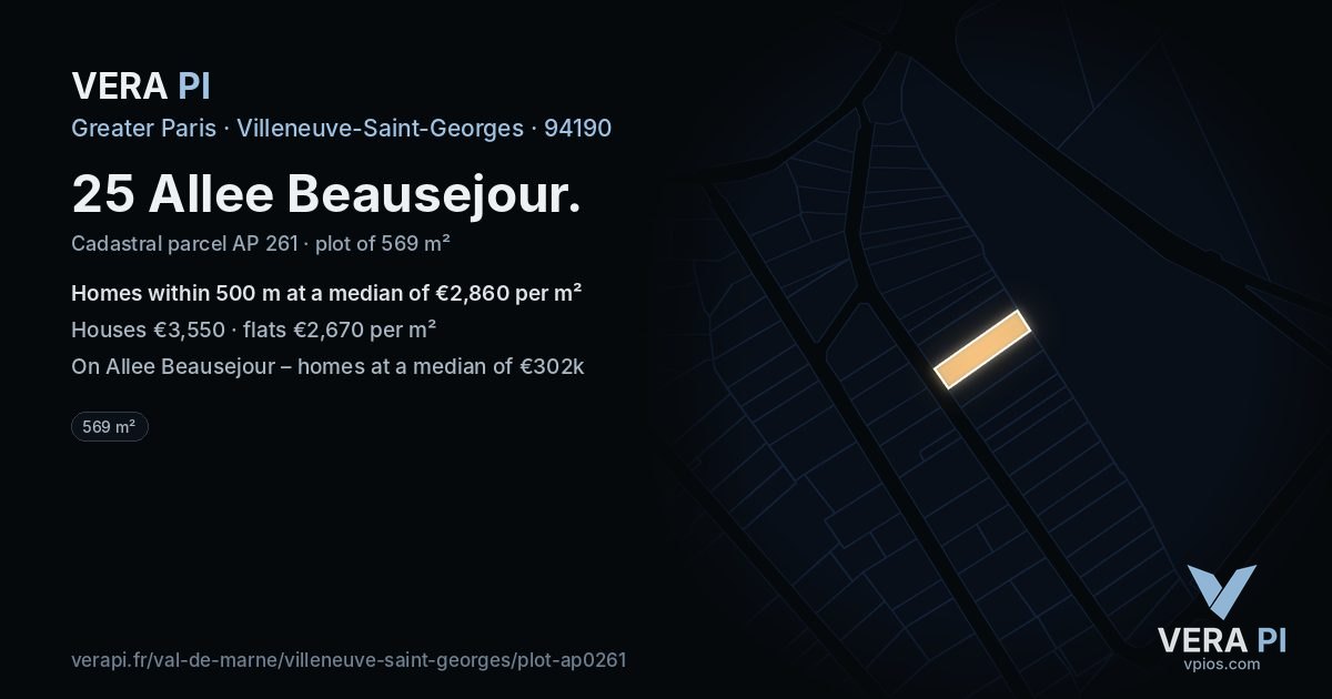 25 Allee Beausejour, Villeneuve-Saint-Georges at night – the plot lit, the parcels around coloured by the prices near them
