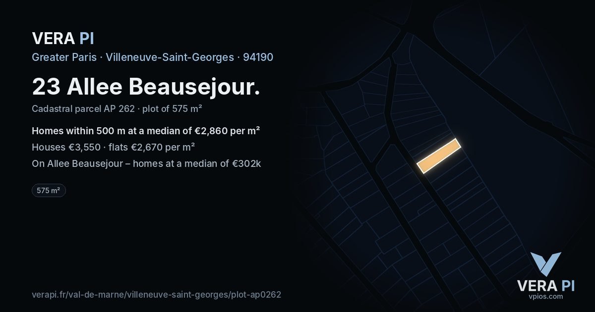 23 Allee Beausejour, Villeneuve-Saint-Georges at night – the plot lit, the parcels around coloured by the prices near them