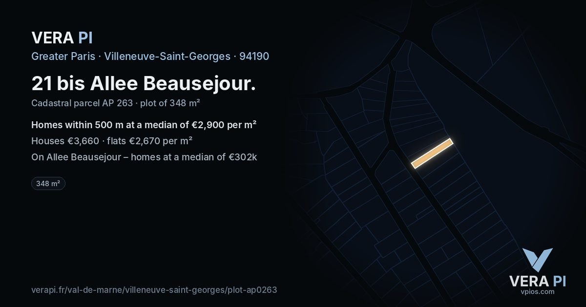 21 bis Allee Beausejour, Villeneuve-Saint-Georges at night – the plot lit, the parcels around coloured by the prices near them