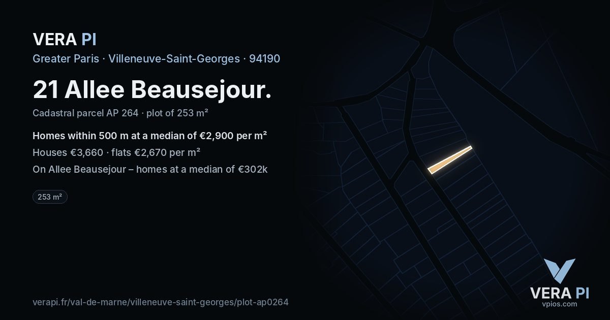 21 Allee Beausejour, Villeneuve-Saint-Georges at night – the plot lit, the parcels around coloured by the prices near them