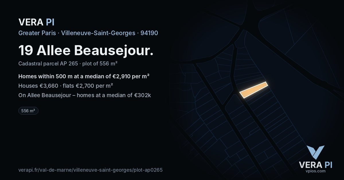 19 Allee Beausejour, Villeneuve-Saint-Georges at night – the plot lit, the parcels around coloured by the prices near them