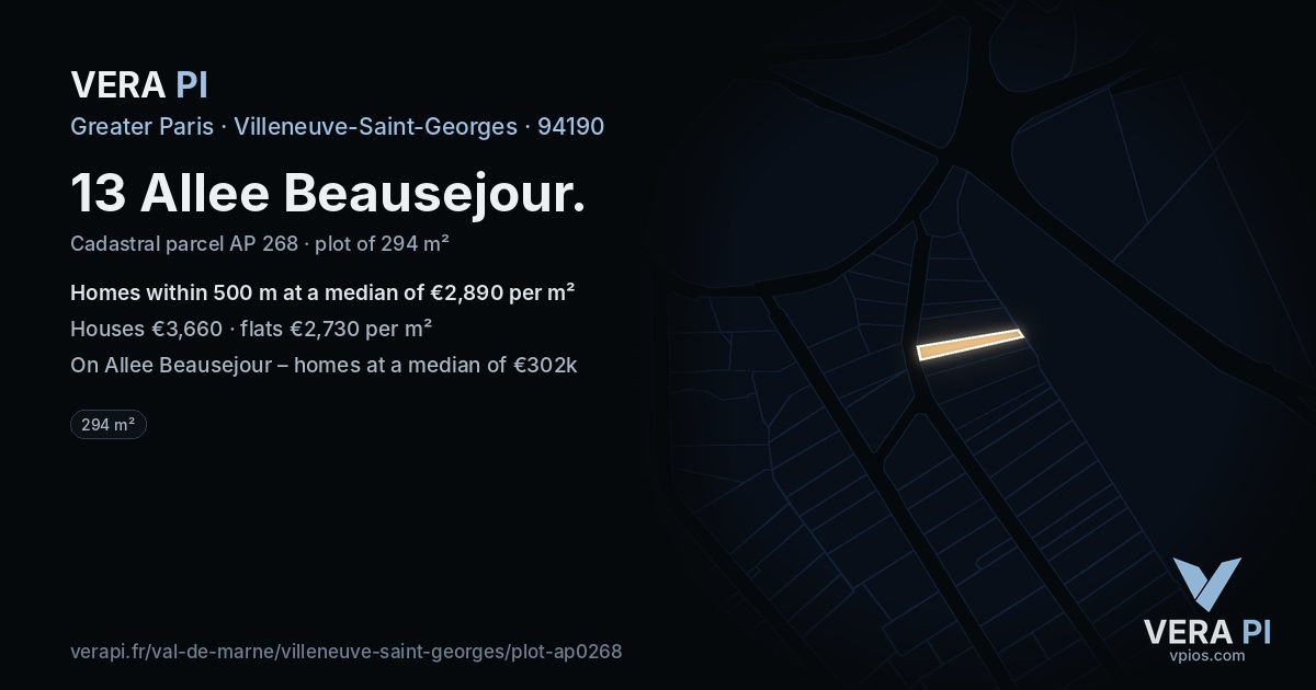 13 Allee Beausejour, Villeneuve-Saint-Georges at night – the plot lit, the parcels around coloured by the prices near them