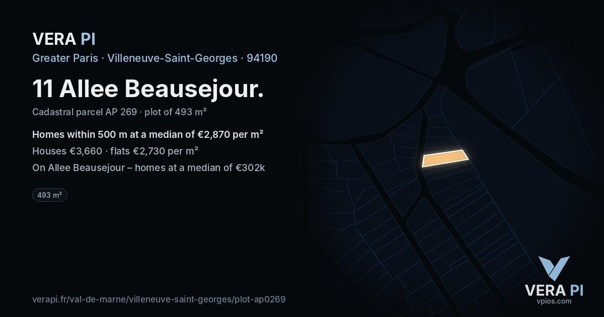 11 Allee Beausejour, Villeneuve-Saint-Georges at night – the plot lit, the parcels around coloured by the prices near them