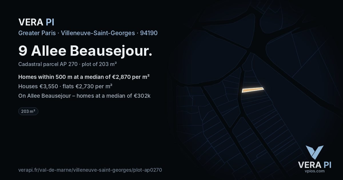 9 Allee Beausejour, Villeneuve-Saint-Georges at night – the plot lit, the parcels around coloured by the prices near them