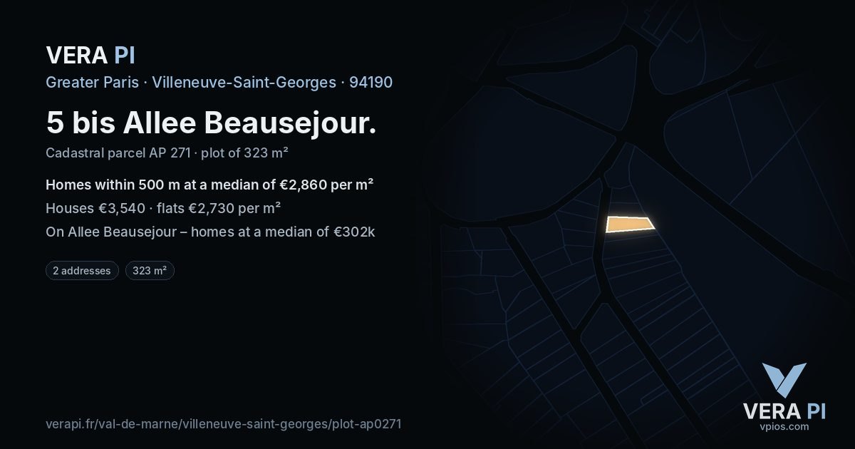 5 bis Allee Beausejour, Villeneuve-Saint-Georges at night – the plot lit, the parcels around coloured by the prices near them