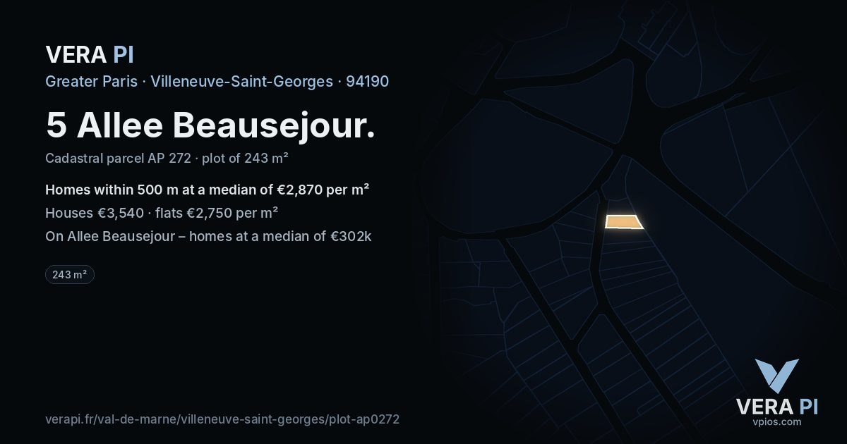 5 Allee Beausejour, Villeneuve-Saint-Georges at night – the plot lit, the parcels around coloured by the prices near them
