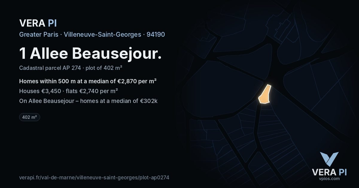 1 Allee Beausejour, Villeneuve-Saint-Georges at night – the plot lit, the parcels around coloured by the prices near them