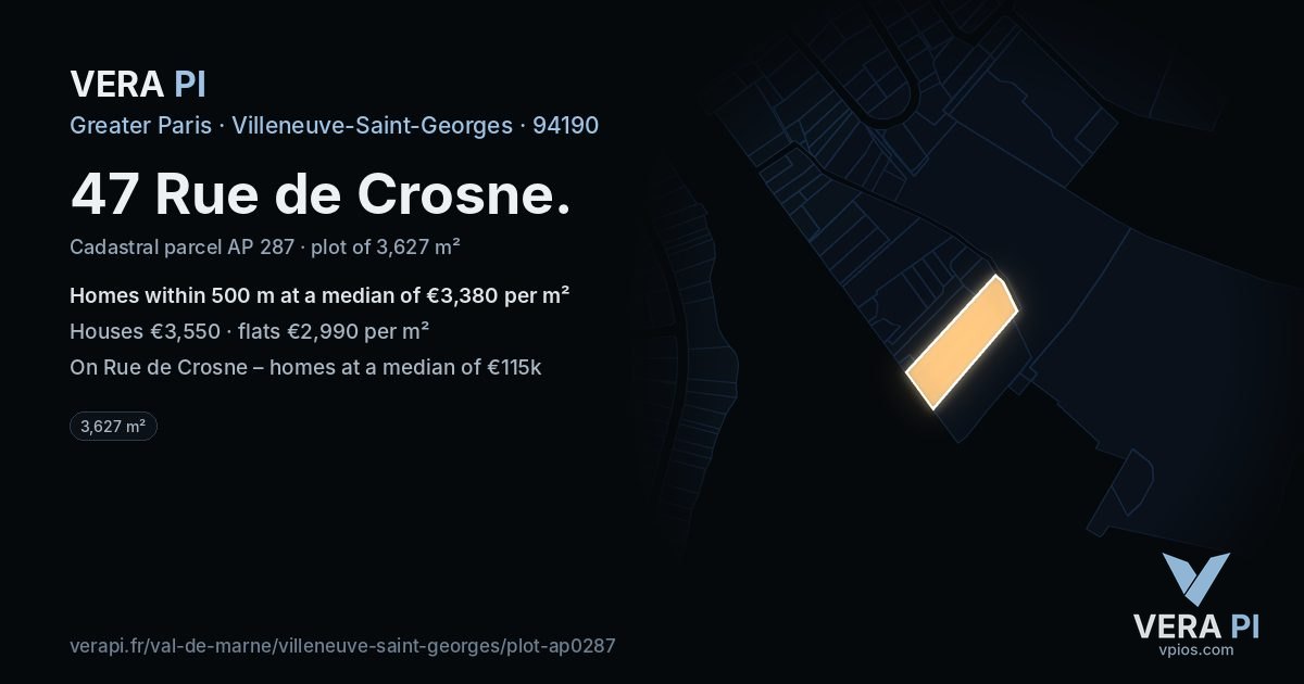 47 Rue de Crosne, Villeneuve-Saint-Georges at night – the plot lit, the parcels around coloured by the prices near them