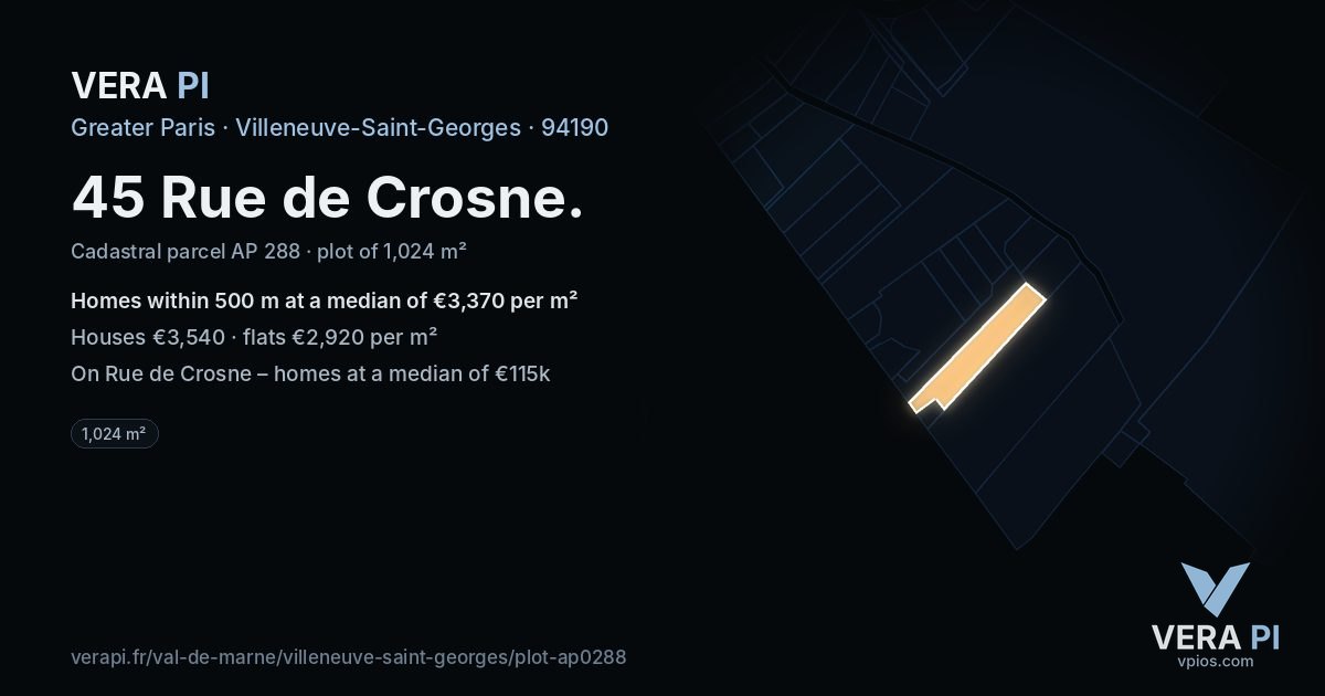 45 Rue de Crosne, Villeneuve-Saint-Georges at night – the plot lit, the parcels around coloured by the prices near them