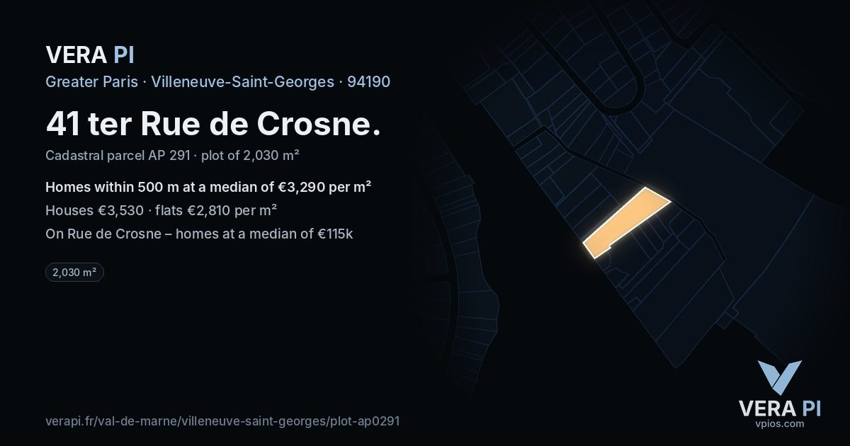 41 ter Rue de Crosne, Villeneuve-Saint-Georges at night – the plot lit, the parcels around coloured by the prices near them