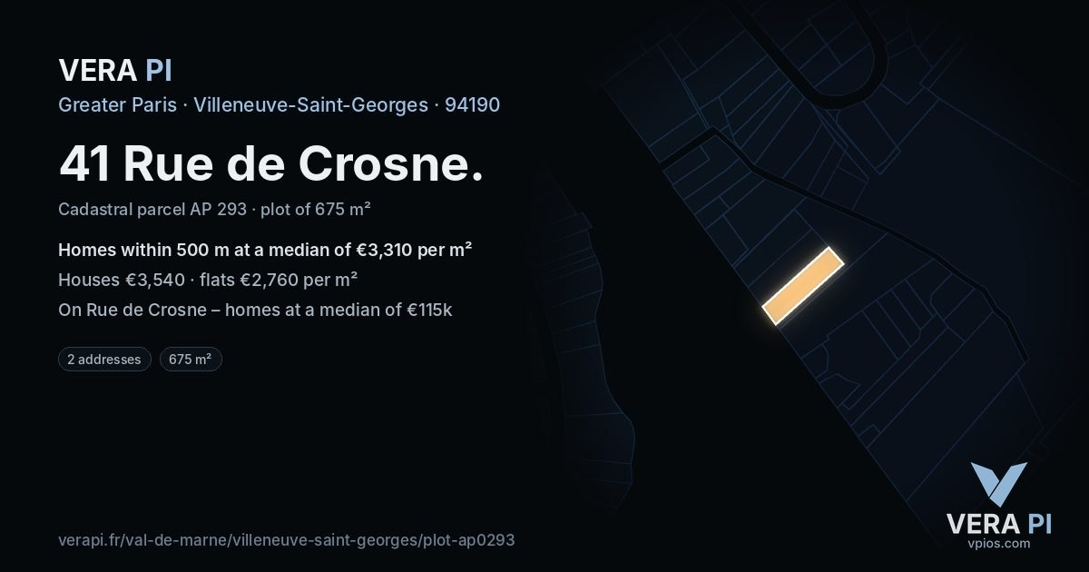 41 Rue de Crosne, Villeneuve-Saint-Georges at night – the plot lit, the parcels around coloured by the prices near them