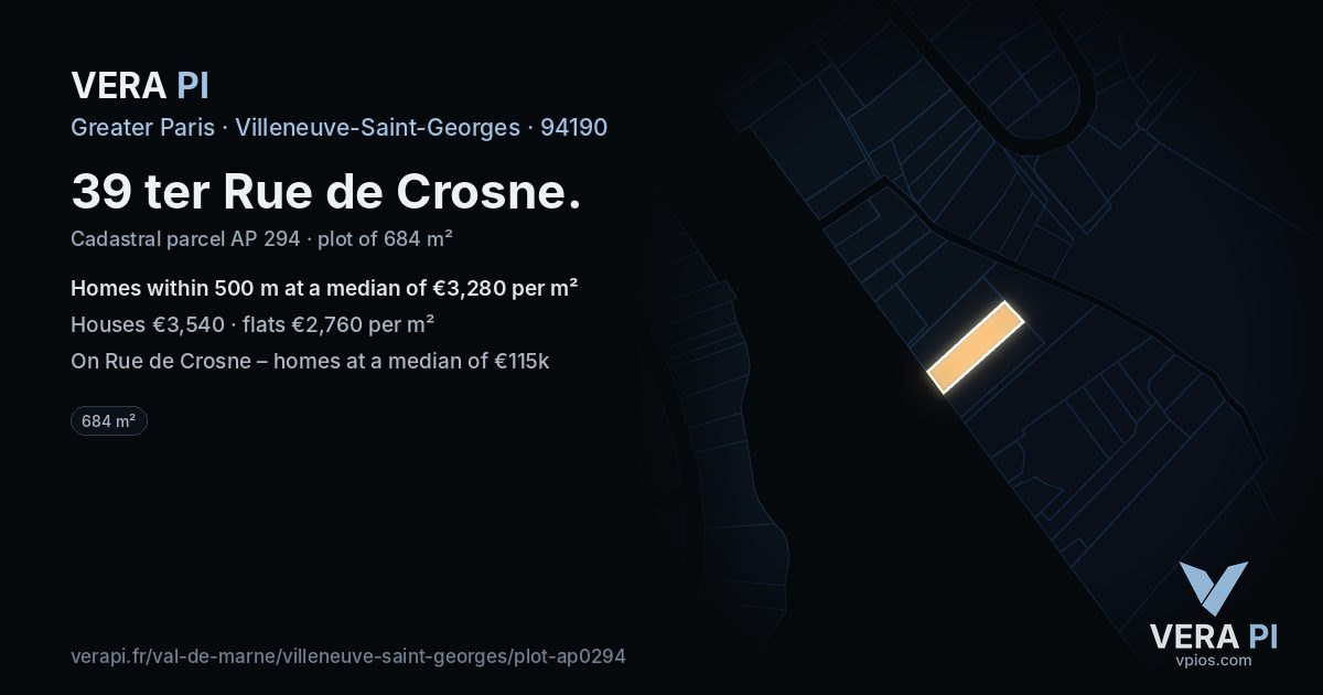 39 ter Rue de Crosne, Villeneuve-Saint-Georges at night – the plot lit, the parcels around coloured by the prices near them