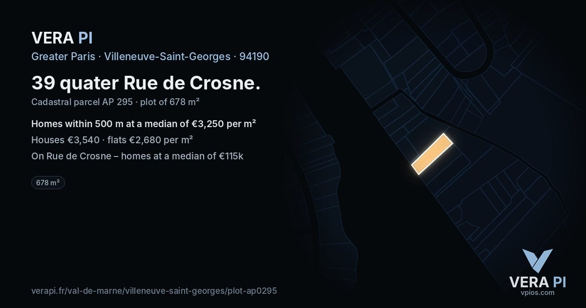 39 quater Rue de Crosne, Villeneuve-Saint-Georges at night – the plot lit, the parcels around coloured by the prices near them