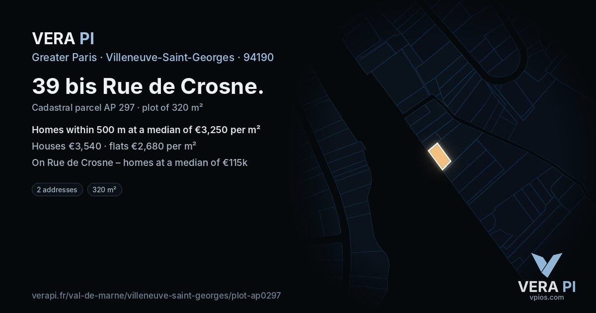 39 bis Rue de Crosne, Villeneuve-Saint-Georges at night – the plot lit, the parcels around coloured by the prices near them