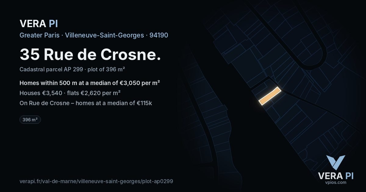 35 Rue de Crosne, Villeneuve-Saint-Georges at night – the plot lit, the parcels around coloured by the prices near them