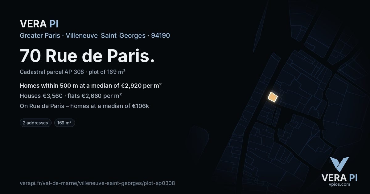 70 Rue de Paris, Villeneuve-Saint-Georges at night – the plot lit, the parcels around coloured by the prices near them